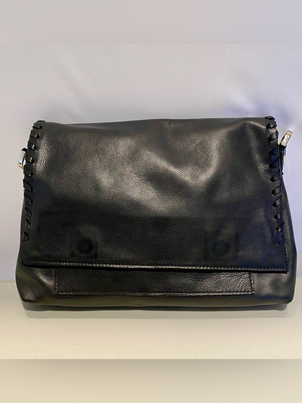Carla Mancini Black Leather Shoulder Bag with Whipstitch Detail